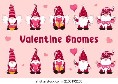 Collection of cute gnomes with hearts. Set of garden gnomes for Valentine's Day. Romantic cute gnomes. Isolated vector.