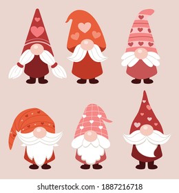 The collection of cute gnomes in valentine's day theme with flat vector style. Graphic resource background, graphic,content , banner, sticker label and greeting card.