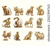 Collection of Cute Golden Statue, Figure Twelve Chinese Zodiac Years Horoscope that is Symbol of Rich, Lucky and Wellness in Set of Vector