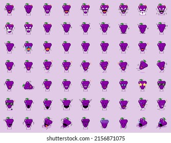 collection of cute grape cartoon character expressions. angry expression, thinking, crying, sad, confused, flat, happy, scared, shocked, dizzy, hopeless, sleeping. suitable for emoticon and mascot