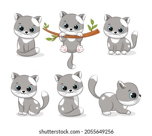 A collection of cute gray cats. Vector illustration of a cartoon.