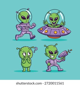 Collection of cute green alien characters in cartoon style, featuring spacesuits, a flying saucer, and a ray gun, expressing various emotions.