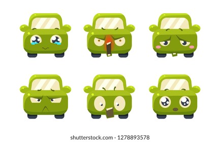 Collection of cute green car cartoon characters showing different emotions, car emoticons vector Illustration