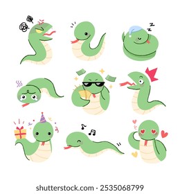 A collection of cute green snake emoticon illustrations. Joy, sadness, anger, etc.