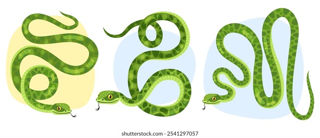 Coleção de cobras verdes bonitas no fundo branco. Réptil, animal, personagem de desenho animado do zodíaco, mascote, símbolo do ano. Cobras em forma de manchas curvas. Ano Novo da Cobra.