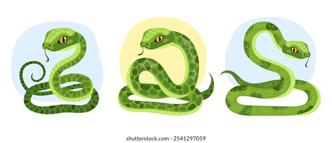 Coleção de cobras verdes bonitas no fundo branco. Réptil, animal, personagem de desenho animado do zodíaco, mascote, símbolo do ano. Cobras em forma de manchas curvas. Ano Novo da Cobra.