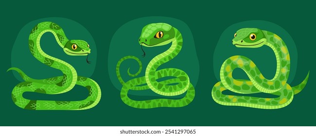 Collection of cute green snakes on dark green background. Reptile, animal, zodiac cartoon character, mascot, symbol of the year. Curved spotted snakes. New Year of the Snake.