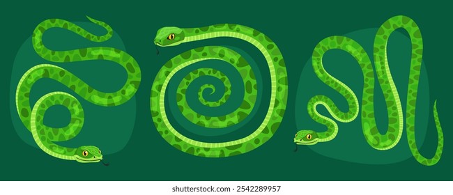 Collection of cute green snakes on dark green background. Reptile, animal, zodiac cartoon character, mascot, symbol of the year. Curved and spiral spotted snakes. New Year of the Snake.