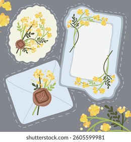Collection of cute greeting cards and decorative stickers with mimosa flowers and wax seals. Flat cartoon illustration perfect for invitations, labels, postcards, and holiday decor.