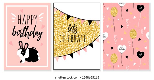 Collection of cute greeting cards: rabbit, balloons, flags with hand lettering: Happy birthday, let's celebrate. Seamless pattern for packaging. Vector design of print templates in Scandinavian style.