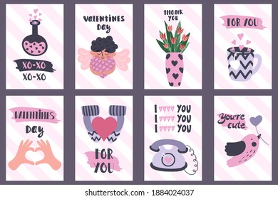 
Collection of cute greeting cards for valentine's day. Vector illustration in cartoon style.