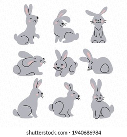 Colección de adorables personajes conejitos grises aislados en fondo blanco. Icono de conejo animal. Estilo de doodle dibujado a mano. Ilustración vectorial. Para pegatinas, tarjetas, etiquetas, decoración de Pascua.