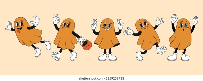 Collection cute groovy ghosts in difference poses. Vector illustration in retro style.