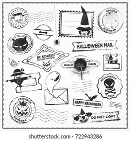 Collection of cute grunge stamps with Halloween typical Characters and Monsters