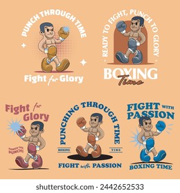 Kollektion von niedlichen Guy Sport Boxing Spieler Sport Retro Maskottchen Charakter Cartoon Design Illustration Set	
