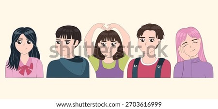A collection of cute guys and girls. Vector avatars in anime style.