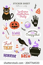 Collection of cute Halloween characters and symbols. Hand drawn design elements for holiday decorations. Halloween stickers set. Vector flat illustrations and typography. Black cat, raven, brew.