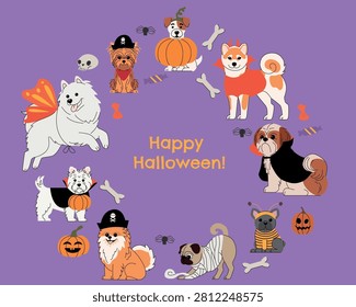 A collection of cute Halloween dogs in various costumes on a deep purple background with festive text and illustrations.