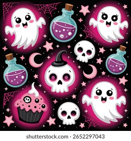 A collection of cute Halloween elements including ghosts, skulls, potions, stars, a cupcake, and a crescent moon against a dark background with pink and purple accents.