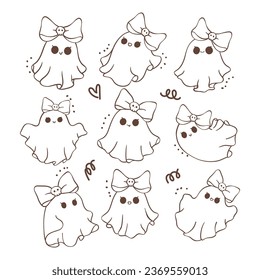 collection of cute Halloween ghost cartoon doodles outline. Kawaii cartoon doodle is perfect for decorating your home, blog, or social media, Halloween greeting cards or invitations