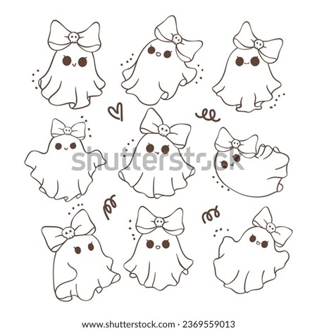collection of cute Halloween ghost cartoon doodles outline. Kawaii cartoon doodle is perfect for decorating your home, blog, or social media, Halloween greeting cards or invitations