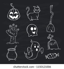 collection of cute halloween icons with doodle style on chalkboard background