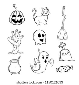 collection of cute halloween icons with doodle style