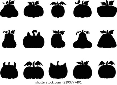 Collection of Cute Halloween Pumpkins doodle isolated flat vector Silhouettes