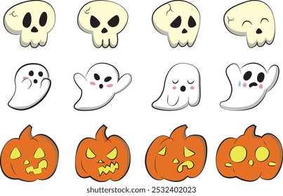 A collection of cute Halloween pumpkins, ghosts and skulls with different expressions.