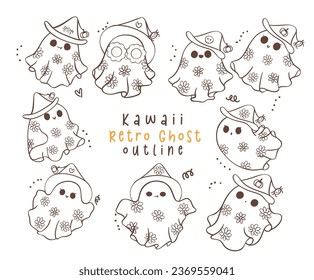 collection of cute Halloween retro ghost with daisy flowers outline cartoon doodles. Kawaii cartoon doodle is perfect for decorating your home, blog, or social media, Halloween greeting cards