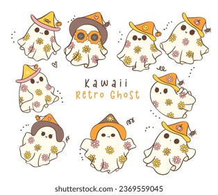 collection of cute Halloween retro ghost with daisy flowers cartoon doodles. Kawaii cartoon doodle is perfect for decorating your home, blog, or social media, Halloween greeting cards or invitations.