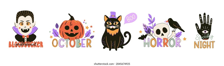 Collection of cute Halloween typography prints. Decorative hand drawn elements and lettering in trendy doodle style. Vector illustration for stickers, patches, season decorations, t-shirt design. 