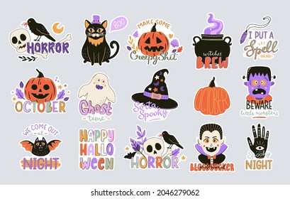 Sammlung süßer Halloween-Typografie-Drucke. Wunderschöne Dekorationselemente. Handgezeichnete Halloween-Symbole und Schriften. Vektorgrafik für Feiertage.   