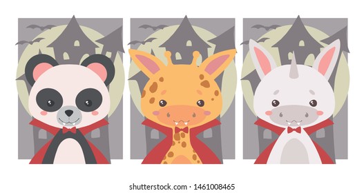 Collection of cute Halloween vector art for children, panda, unicorn and giraffe, dressed up as vampire with fangs and red cloak on spooky castle background