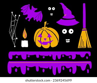 Collection of cute Halloween vector elements pumpkins, flittermouse, hat, candle, spiderweb for Halloween party decoration.
