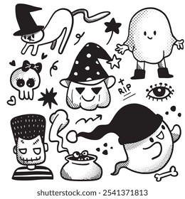 A collection of cute Halloween-themed doodles with Halftone effect, featuring ghosts, cats, pumpkins, skulls, and spooky characters in black and white