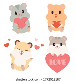 The collection of cute hamster with heart in flat vector style. Graphic resource for graphic,content , banner, sticker and greeting card.