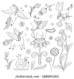 Collection of cute hand drawings winged unicorns and flowers
