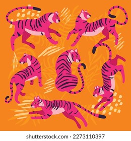 Collection of cute hand drawn bright pink tigers on orange background, standing, sitting, running and walking with exotic plants and abstract elements. Colorful vector illustration