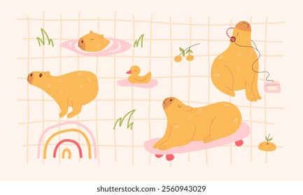 Collection of cute hand drawn capybaras