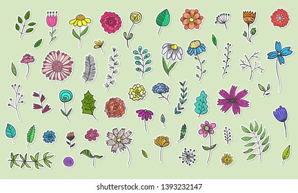 Collection of cute hand drawn colorful flowers and herbs stickers, plants with black outline. Big vector set of floral labels for pattern design, greeting card decoration, logo