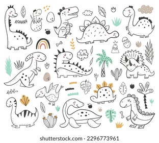 Collection of cute hand drawn dinosaurs. Perfect for kids bedroom, nursery decoration, posters and wall decorations