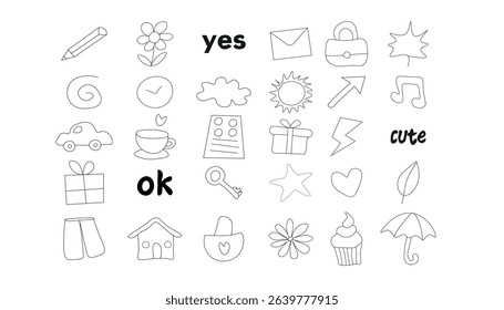 Collection of cute hand drawn doodle icons on a white background