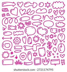 Collection of cute hand drawn doodle elements for bullet journals scrapbooking and creative projects. Includes hearts arrows stars clouds speech bubbles flowers and decorative shapes. Perfect for page decoration.