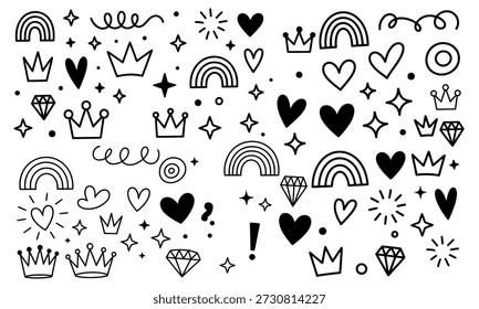 Collection of cute hand drawn doodle icons including crowns hearts rainbows stars and diamonds for graphic design royalty free
