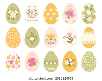 Collection of cute hand drawn Easter eggs with floral patterns. Cute decoration for Easter celebration and eggs hunting. Springtime holidays.