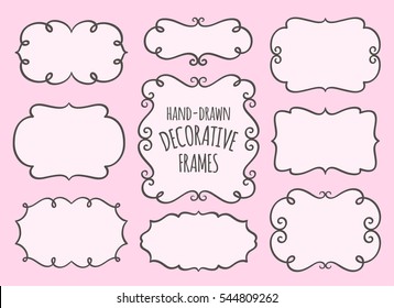 Collection of cute hand drawn frames and calligraphic elements with pink background. Decorative elements set. Vector illustration.