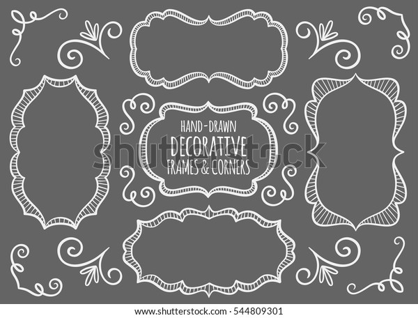 Collection of cute hand drawn frames and\
calligraphic elements. Blackboard background. Decorative elements\
set. Vector\
illustration.