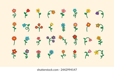 Collection of cute hand drawn fun flowers. Set of botanical floral elements in trendy groovy retro style. Vector natural illustration. 