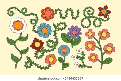 Collection of cute hand drawn fun flowers in groovy style. Set of trendy botanical floral elements in trendy retro trippy psychedelic hippie 70s 80s style. Vector natural illustration.